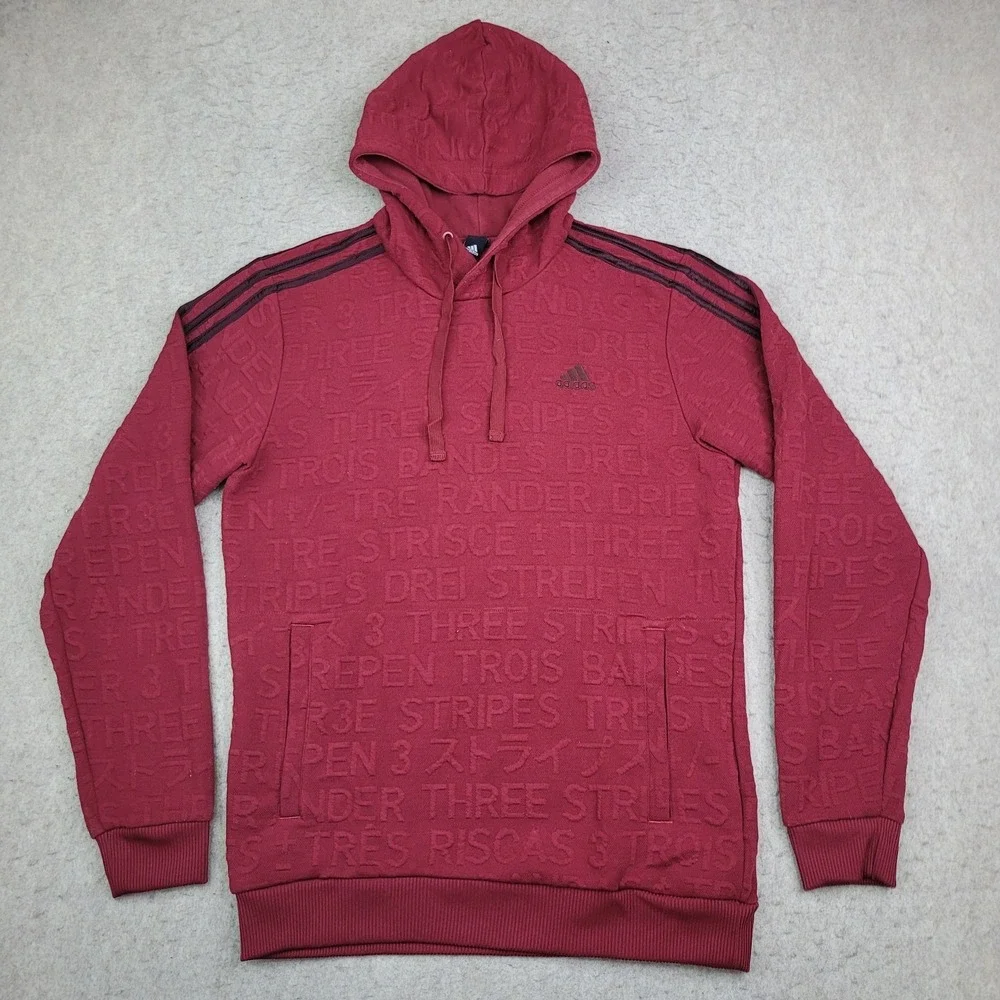 Adidas 3 Stripe Hoodie Mens M Red 3D Spellout Pullover Drawstring Japanese‎